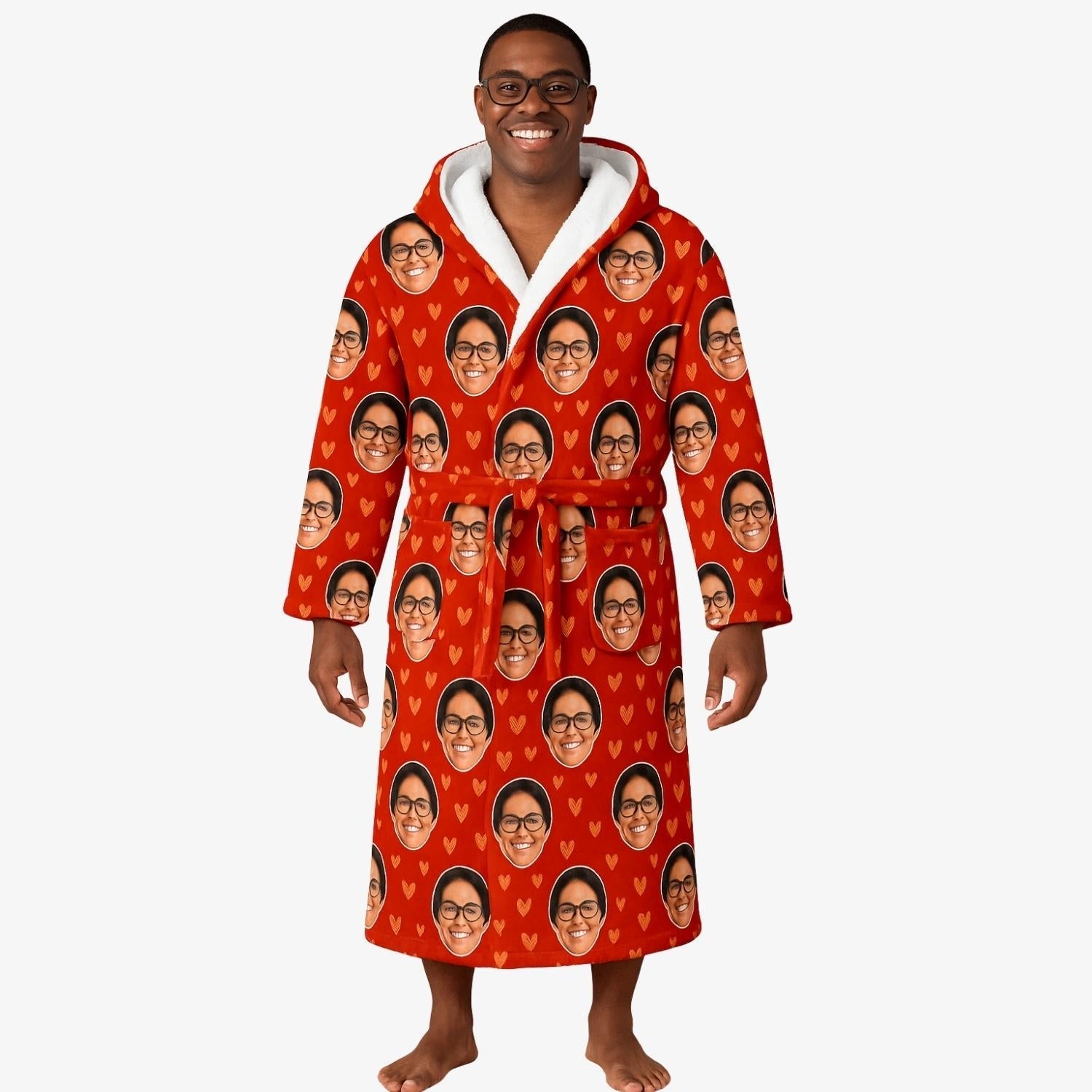 red custom robe with multiple images of themselves printed on it