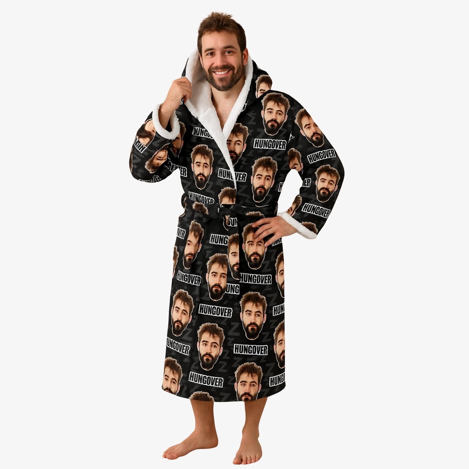 Man wearing a custom robe with a repeated face and 'HUNGOVER' text pattern