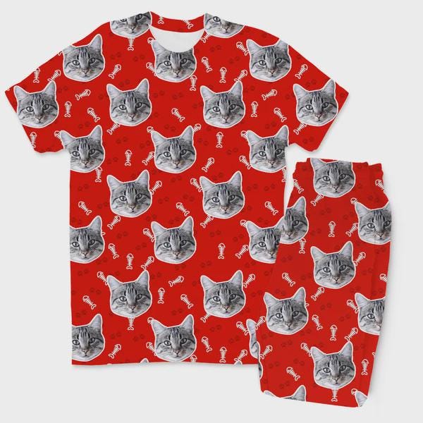 Personalised Cat Face Pyjamas | Custom Cat Photo Trouser Pyjama Set | Matching Family PJs