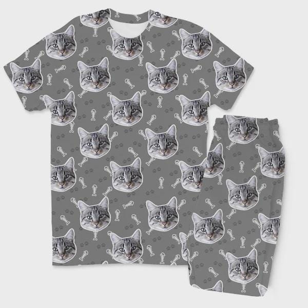 Personalised Cat Face Pyjamas | Custom Cat Photo Trouser Pyjama Set | Matching Family PJs