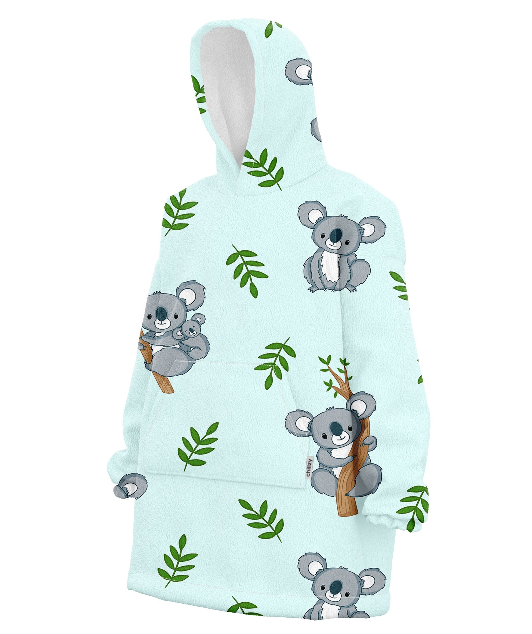 A blue hoodie with a koala bear and leaves pattern, featuring a hood and a front pouch pocket.