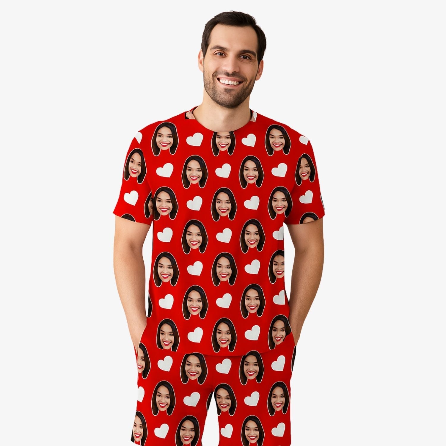 Men's White Hearts Personalised PJs - Shorts Set