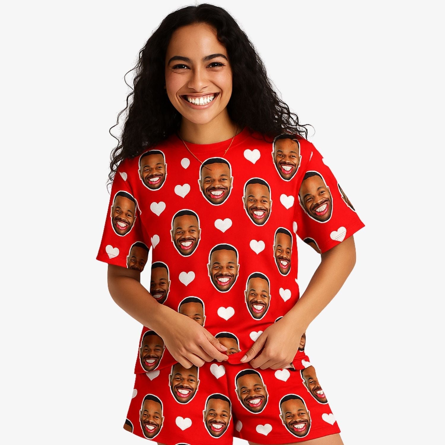 Women's White Hearts Personalised PJs - Shorts Set