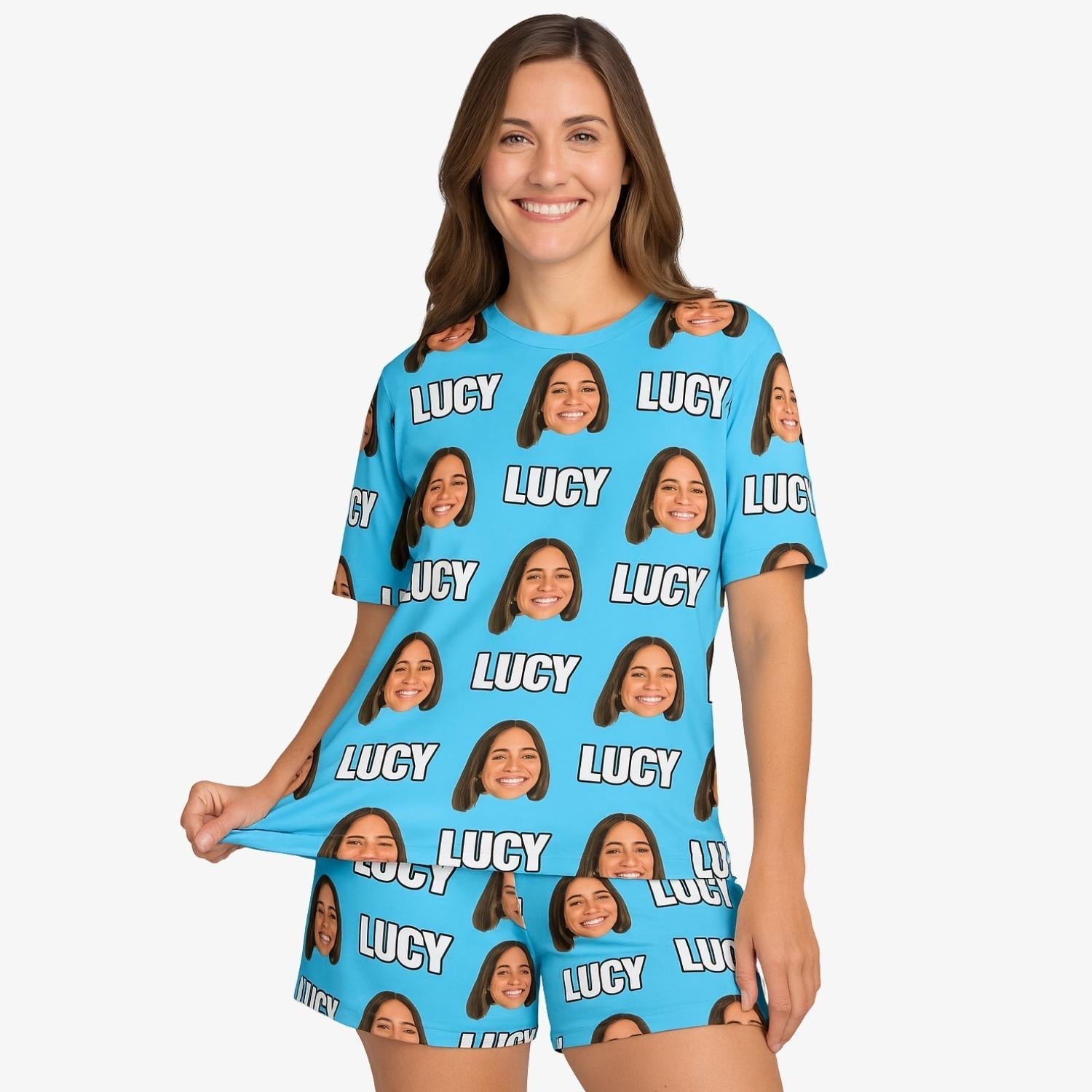 your name and face on a pair of personalised women's pyjamas