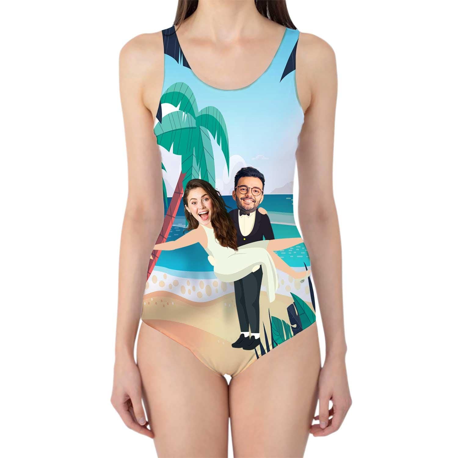 Bride and Groom Wedding Swimsuit Personalised With Faces