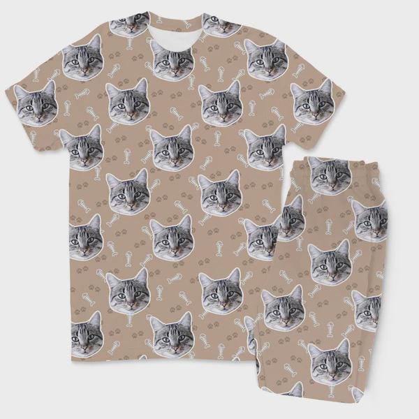 Personalised Cat Face Pyjamas | Custom Cat Photo Trouser Pyjama Set | Matching Family PJs