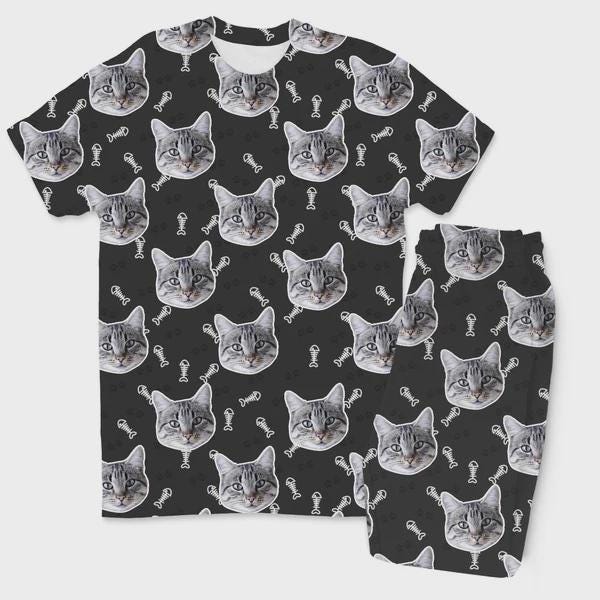 Personalised Cat Face Pyjamas | Custom Cat Photo Trouser Pyjama Set | Matching Family PJs