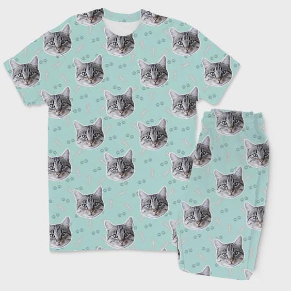 Personalised Cat Face Pyjamas | Custom Cat Photo Trouser Pyjama Set | Matching Family PJs
