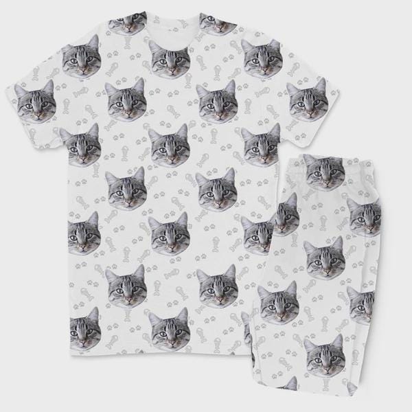 Personalised Cat Face Pyjamas | Custom Cat Photo Trouser Pyjama Set | Matching Family PJs
