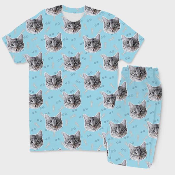 Personalised Cat Face Pyjamas | Custom Cat Photo Trouser Pyjama Set | Matching Family PJs